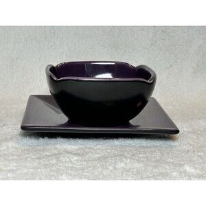PartyLite Zen Candle Holder Set Purple  Black Glazed Ceramic Bowl & Plate EUC